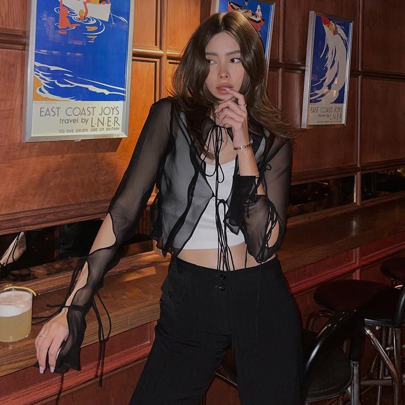 Philippa Steamford - The Nevermore Gothic Tank See - through Long - sleeved Top Lace Up Cardigan – Unique Gothic Fashion for Women by Nevermore Lifestyle & Tech | L Black