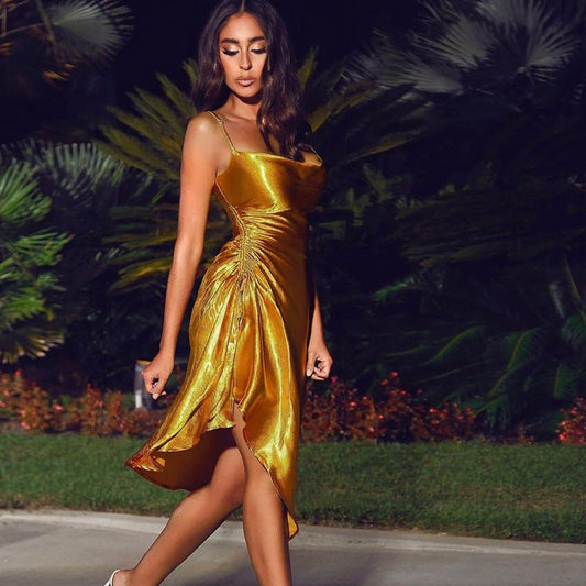 Rainbowbritches - Elegant Satin Midi Dress by The Nevermore – Unique Dresses by Nevermore Lifestyle & Tech | L Beige