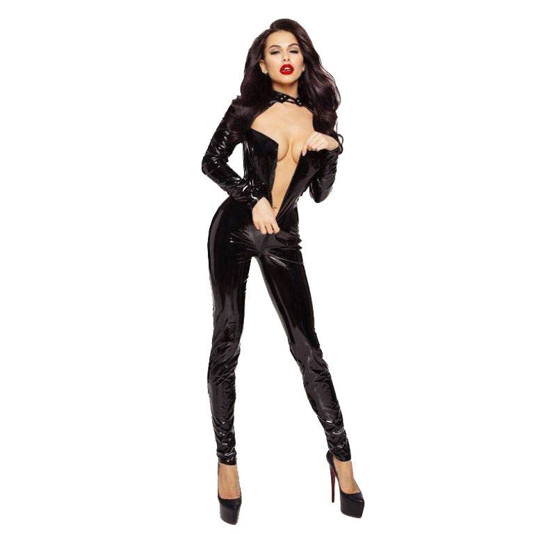 Raven Wraithstalker - The Nevermore Gothic Jumpsuit Zip Over Crotch Shiny High Stretch – Unique Gothic Fashion for Women by Nevermore Lifestyle & Tech | 2XL Black