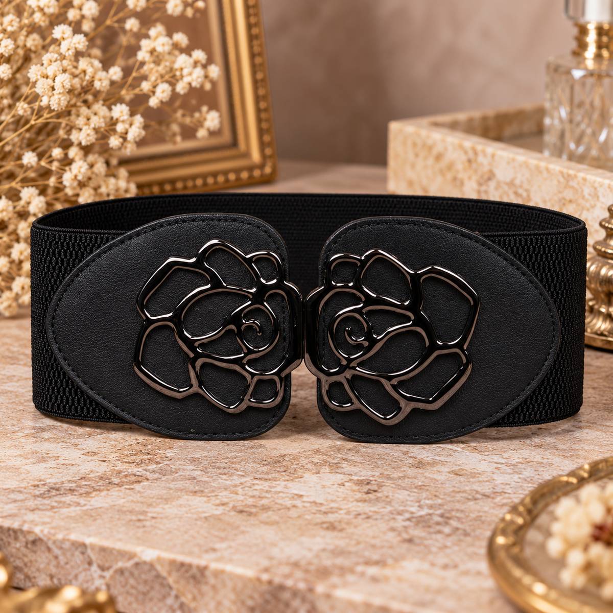 Rose Flower Double-Buckle Belt by The Nevermore – Unique Belts by The Nevermore | 60-80 cm Black