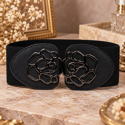 Rose Flower Double-Buckle Belt by The Nevermore – Unique Belts by The Nevermore | 60-80 cm Black