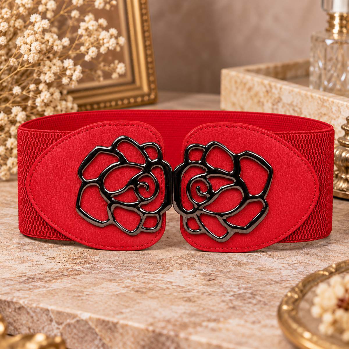 Rose Flower Double-Buckle Belt by The Nevermore – Unique Belts by The Nevermore | 60-80 cm Red