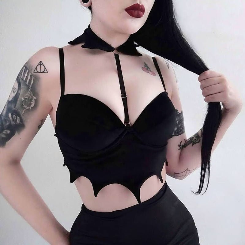 Scarlet - The Nevermore Gothic Tanks for Women Suspender Short Bat Halter Top – Unique Gothic Fashion for Women by Nevermore Lifestyle & Tech | L Black