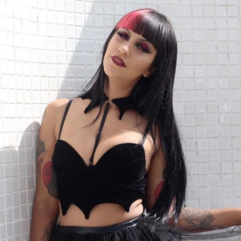 Scarlet - The Nevermore Gothic Tanks for Women Suspender Short Bat Halter Top – Unique Gothic Fashion for Women by Nevermore Lifestyle & Tech | L Black