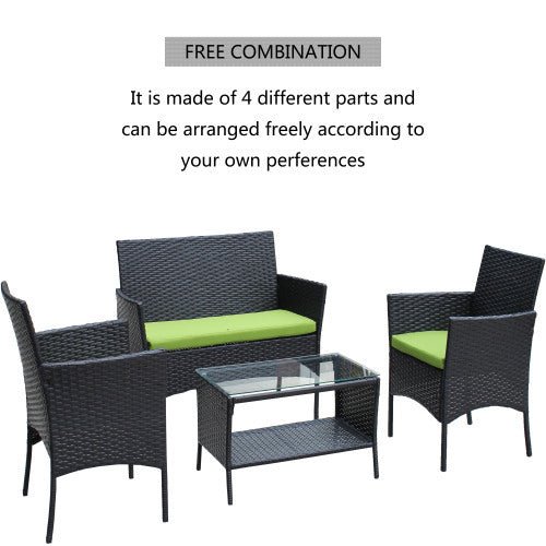 4 PC Rattan Patio Furniture Set Outdoor Patio Cushioned Seat Wicker Sofa Green Cushion