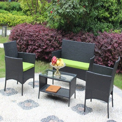 4 PC Rattan Patio Furniture Set Outdoor Patio Cushioned Seat Wicker Sofa Green Cushion