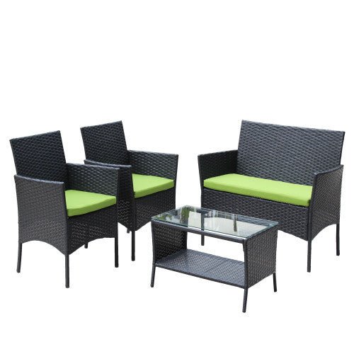 4 PC Rattan Patio Furniture Set Outdoor Patio Cushioned Seat Wicker Sofa Green Cushion