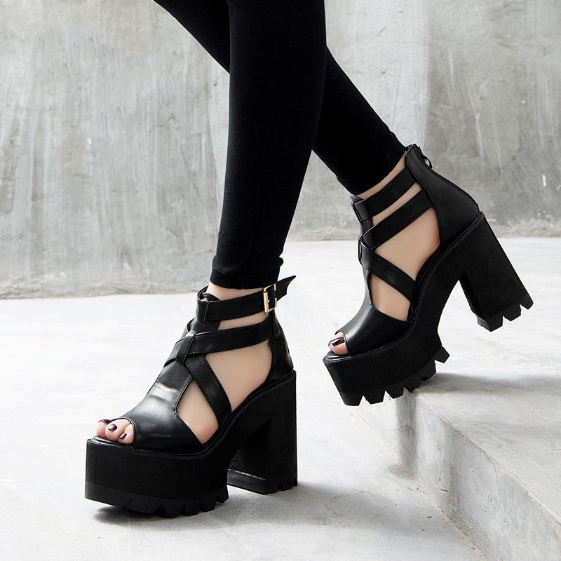 Severin Wraith - Gothic Chunky Heel Sandals by The Nevermore – Unique Gothic Fashion for Women by Nevermore Lifestyle & Tech | 34 Black