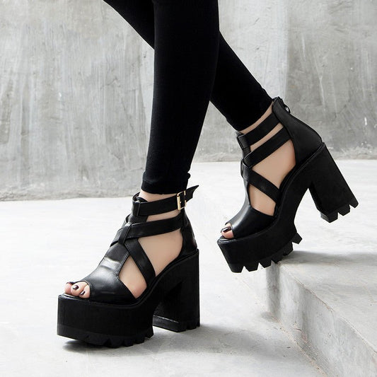 Severin Wraith - Gothic Chunky Heel Sandals by The Nevermore – Unique Gothic Fashion for Women by Nevermore Lifestyle & Tech | 34 Black