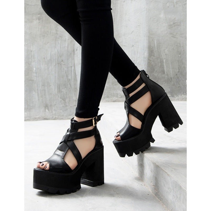 Severin Wraith - Gothic Chunky Heel Sandals by The Nevermore – Unique Gothic Fashion for Women by Nevermore Lifestyle & Tech | 34 Black