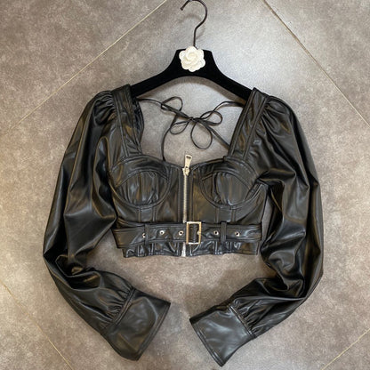 Shadowed Elegance - The Nevermore Vintage Top Leather Blouse for Women – Unique Gothic Fasfion by Nevermore Lifestyle & Tech | L Black