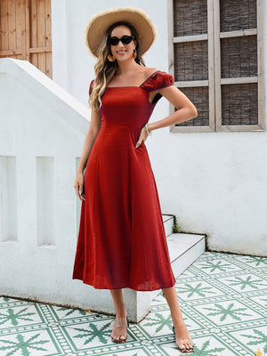 Sun Breeze Off-Shoulder Midi Dress - Split Hem Linen by The Nevermore