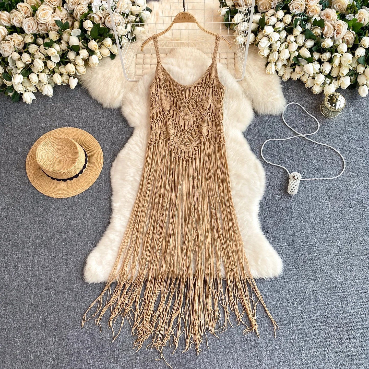 Singreiny – Bohemian Tassel Knit Camisole by The Nevermore – Unique Boho Cover - Ups by Nevermore Lifestyle & Tech | One Size beige