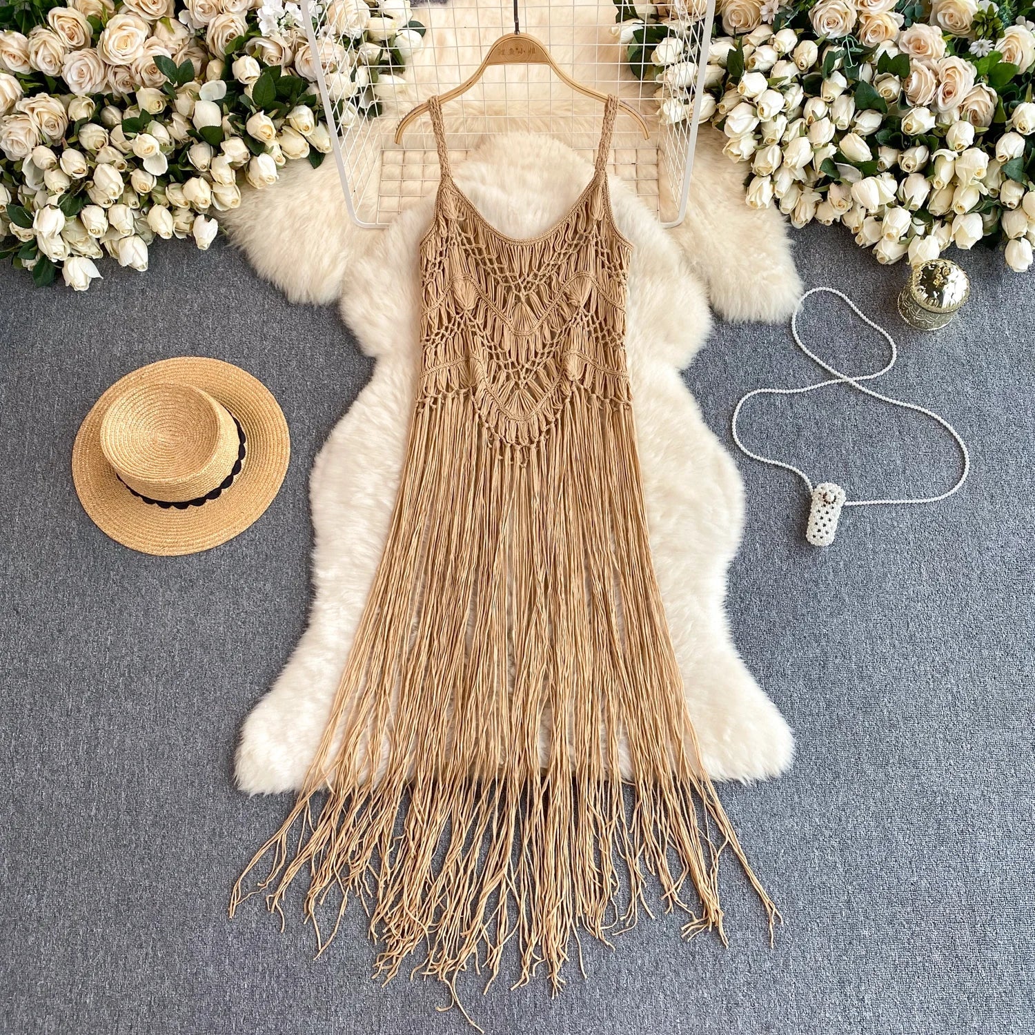 Singreiny – Bohemian Tassel Knit Camisole by The Nevermore – Unique Boho Cover - Ups by Nevermore Lifestyle & Tech | One Size beige
