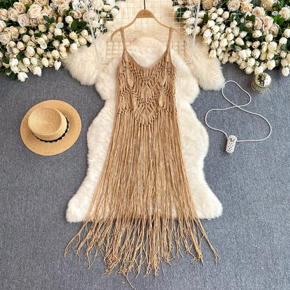Singreiny – Bohemian Tassel Knit Camisole by The Nevermore – Unique Boho Cover - Ups by Nevermore Lifestyle & Tech | One Size beige