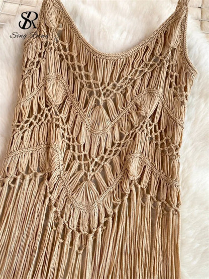 Singreiny – Bohemian Tassel Knit Camisole by The Nevermore – Unique Boho Cover - Ups by Nevermore Lifestyle & Tech | One Size beige