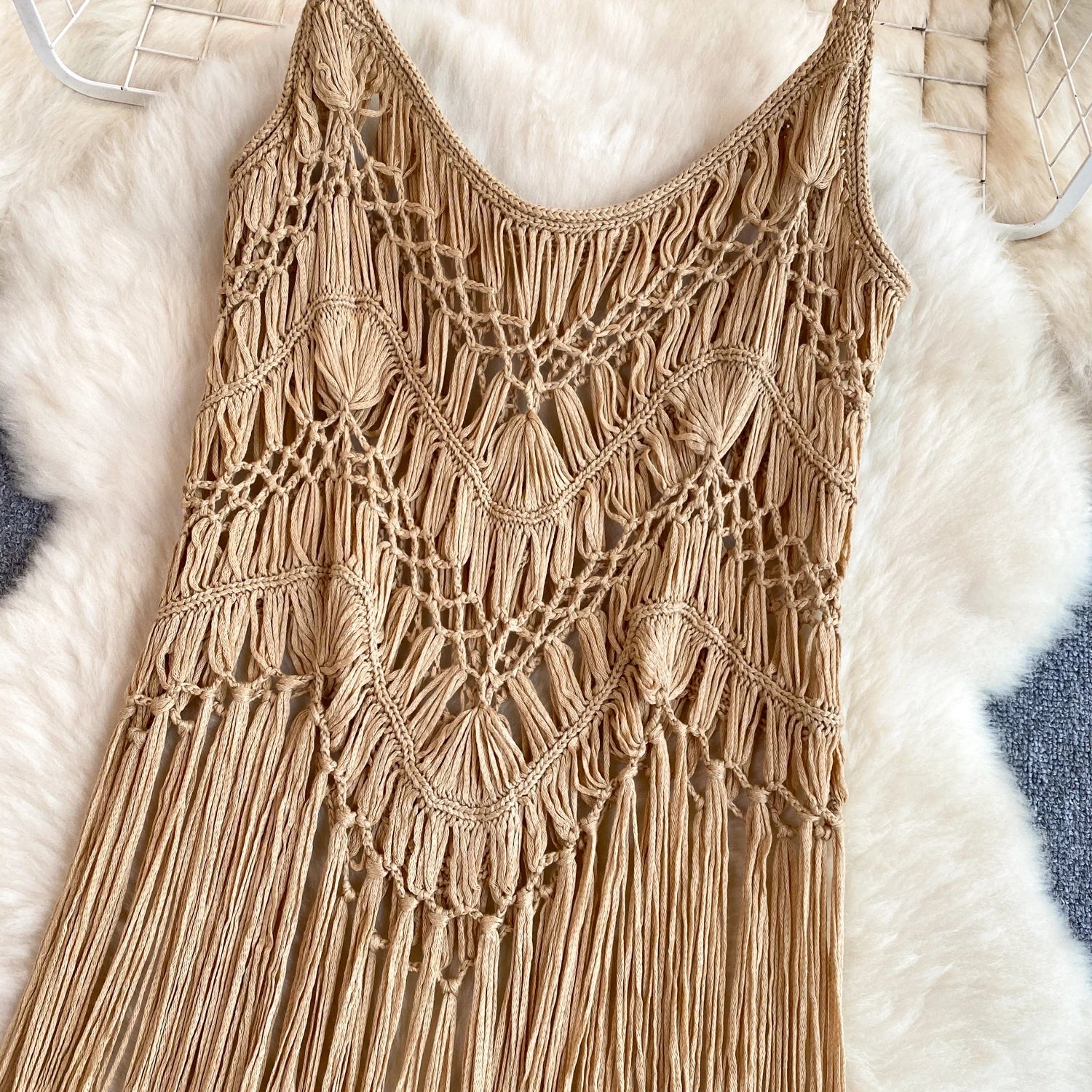Singreiny – Bohemian Tassel Knit Camisole by The Nevermore – Unique Boho Cover - Ups by Nevermore Lifestyle & Tech | One Size beige