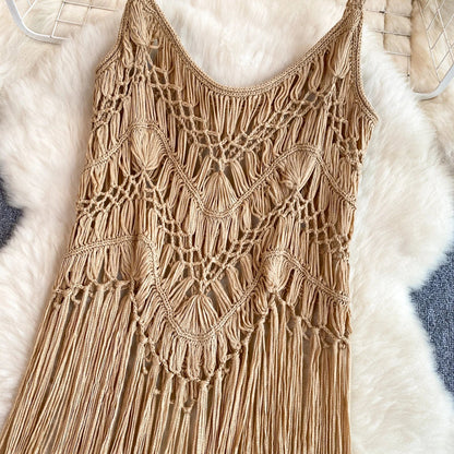 Singreiny – Bohemian Tassel Knit Camisole by The Nevermore – Unique Boho Cover - Ups by Nevermore Lifestyle & Tech | One Size beige