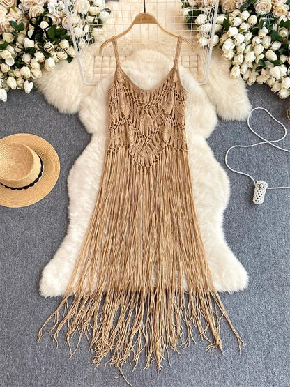 Singreiny – Bohemian Tassel Knit Camisole by The Nevermore – Unique Boho Cover - Ups by Nevermore Lifestyle & Tech | One Size beige