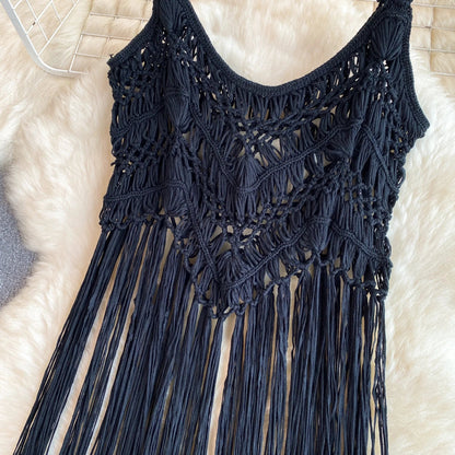 Singreiny – Bohemian Tassel Knit Camisole by The Nevermore – Unique Boho Cover - Ups by Nevermore Lifestyle & Tech | One Size beige