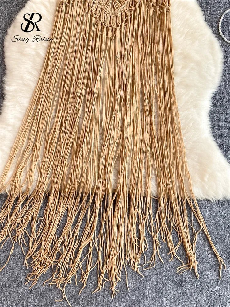 Singreiny – Bohemian Tassel Knit Camisole by The Nevermore – Unique Boho Cover - Ups by Nevermore Lifestyle & Tech | One Size beige