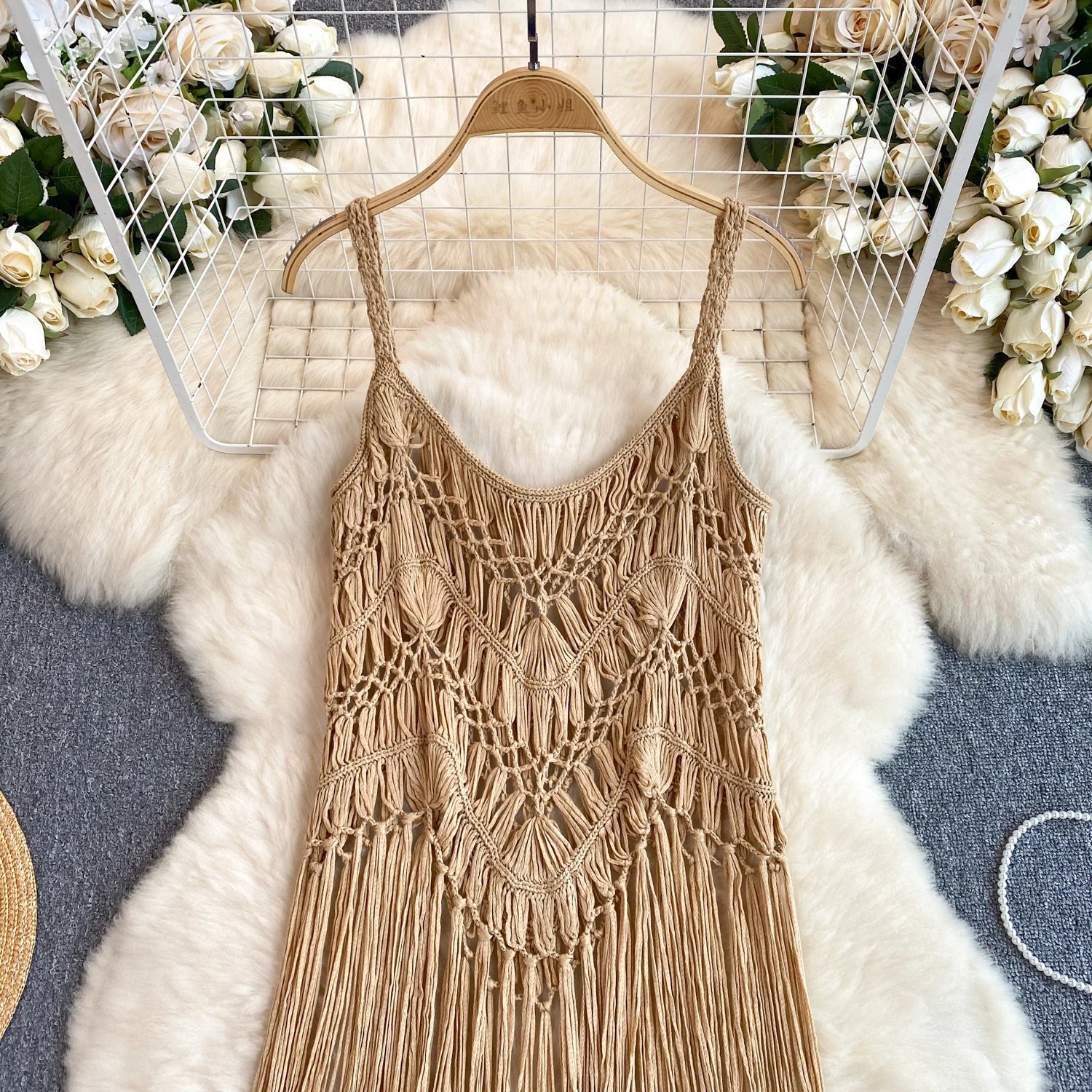 Singreiny – Bohemian Tassel Knit Camisole by The Nevermore – Unique Boho Cover - Ups by Nevermore Lifestyle & Tech | One Size beige