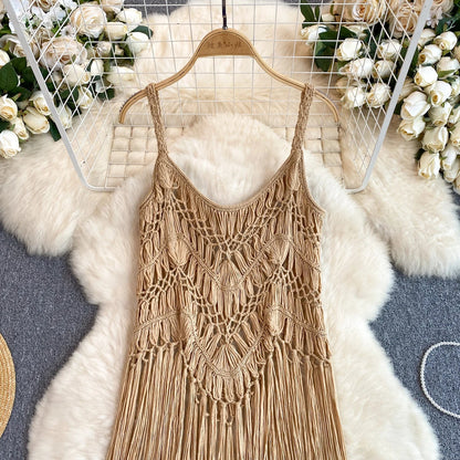 Singreiny – Bohemian Tassel Knit Camisole by The Nevermore – Unique Boho Cover - Ups by Nevermore Lifestyle & Tech | One Size beige