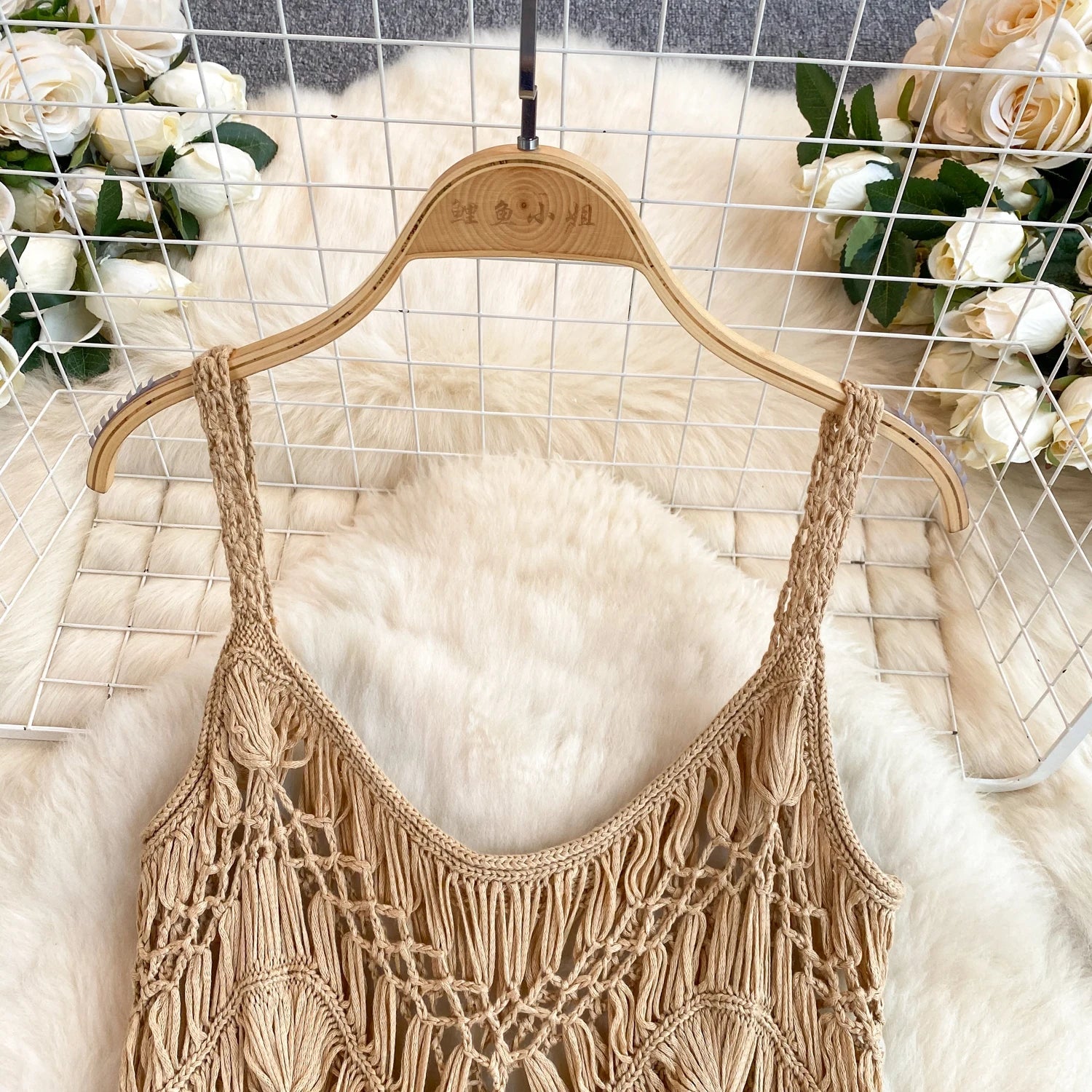 Singreiny – Bohemian Tassel Knit Camisole by The Nevermore – Unique Boho Cover - Ups by Nevermore Lifestyle & Tech | One Size beige