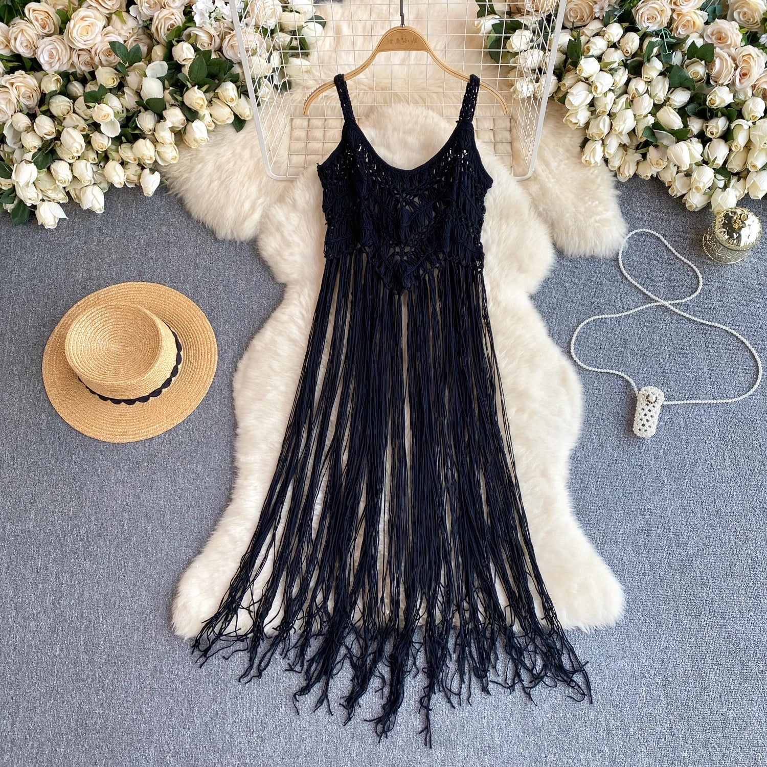 Singreiny – Bohemian Tassel Knit Camisole by The Nevermore – Unique Boho Cover - Ups by Nevermore Lifestyle & Tech | One Size beige