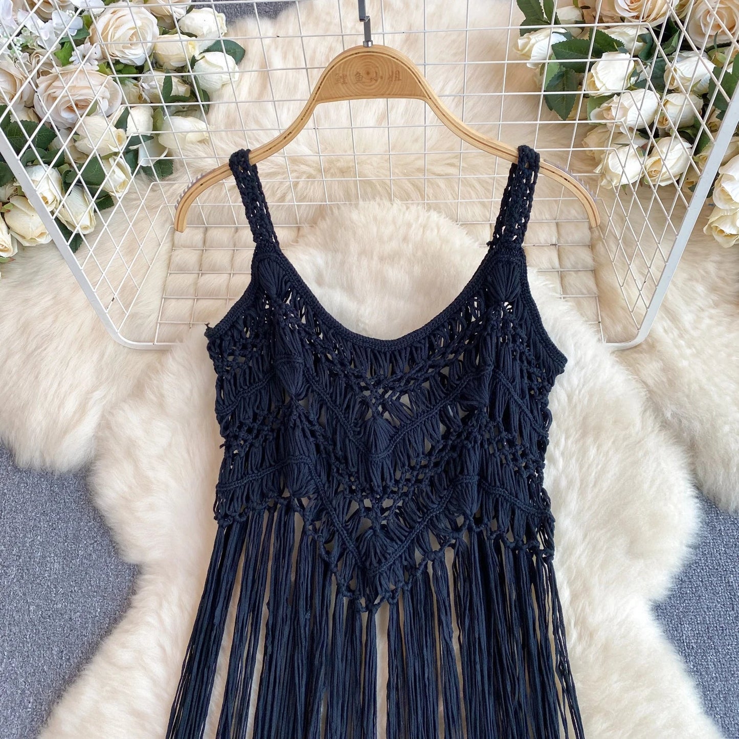 Singreiny – Bohemian Tassel Knit Camisole by The Nevermore – Unique Boho Cover - Ups by Nevermore Lifestyle & Tech | One Size beige