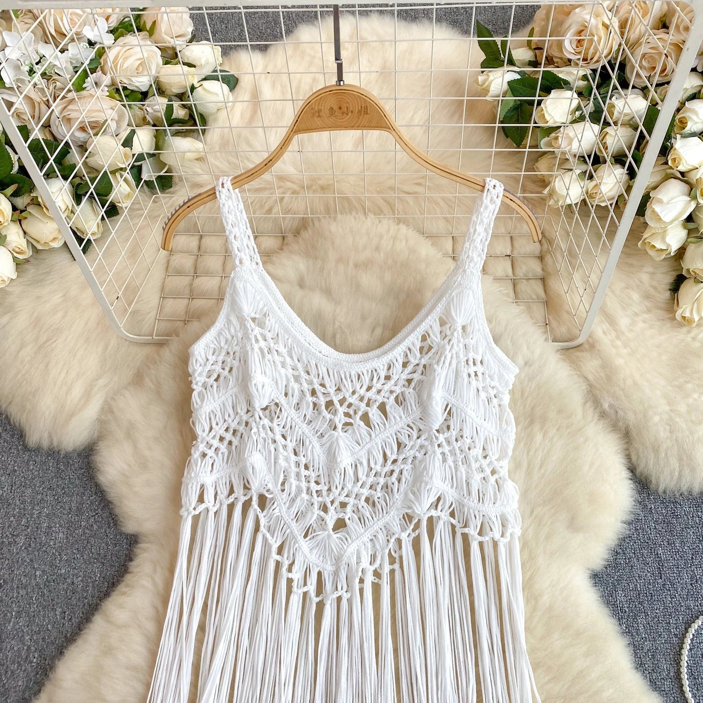 Singreiny – Bohemian Tassel Knit Camisole by The Nevermore – Unique Boho Cover - Ups by Nevermore Lifestyle & Tech | One Size beige