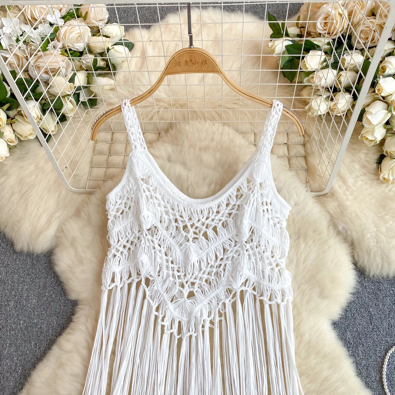 Singreiny – Bohemian Tassel Knit Camisole by The Nevermore – Unique Boho Cover - Ups by Nevermore Lifestyle & Tech | One Size beige