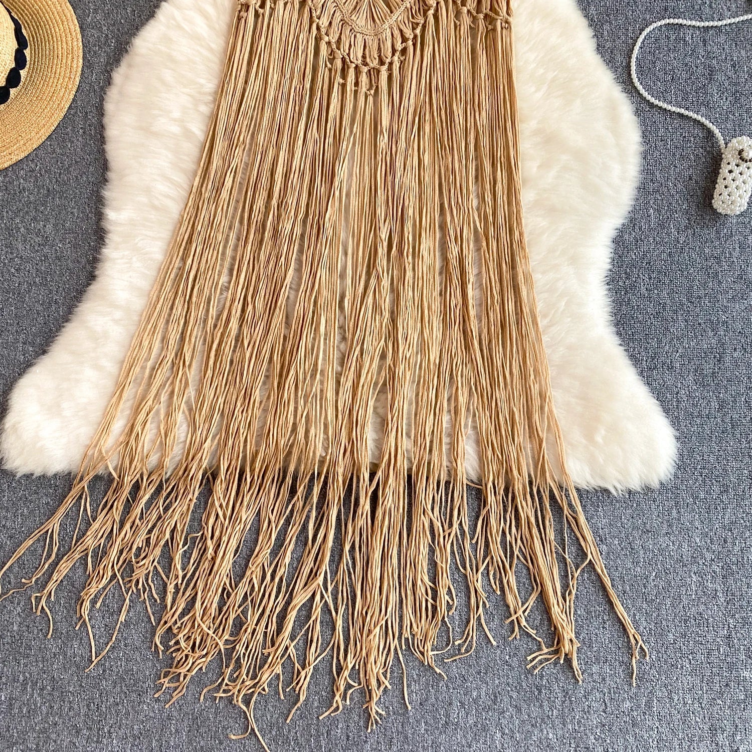 Singreiny – Bohemian Tassel Knit Camisole by The Nevermore – Unique Boho Cover - Ups by Nevermore Lifestyle & Tech | One Size beige