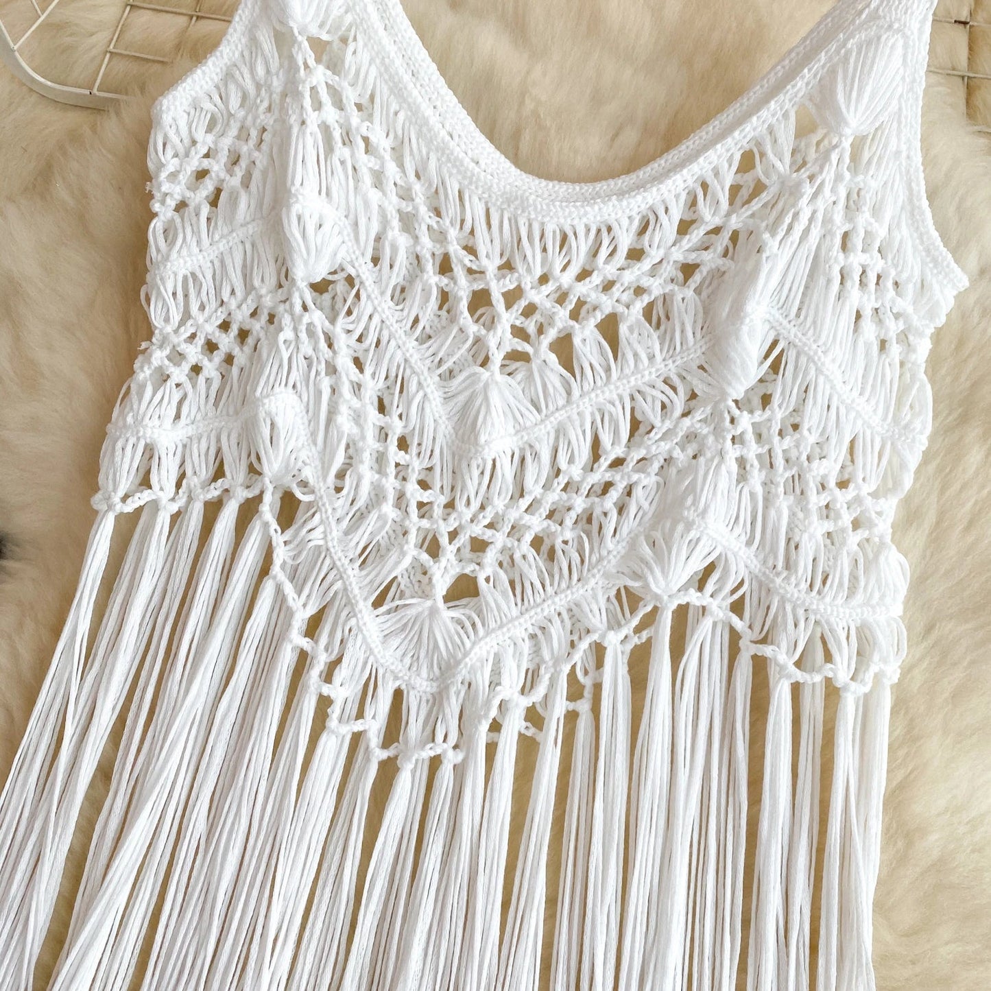 Singreiny – Bohemian Tassel Knit Camisole by The Nevermore – Unique Boho Cover - Ups by Nevermore Lifestyle & Tech | One Size beige