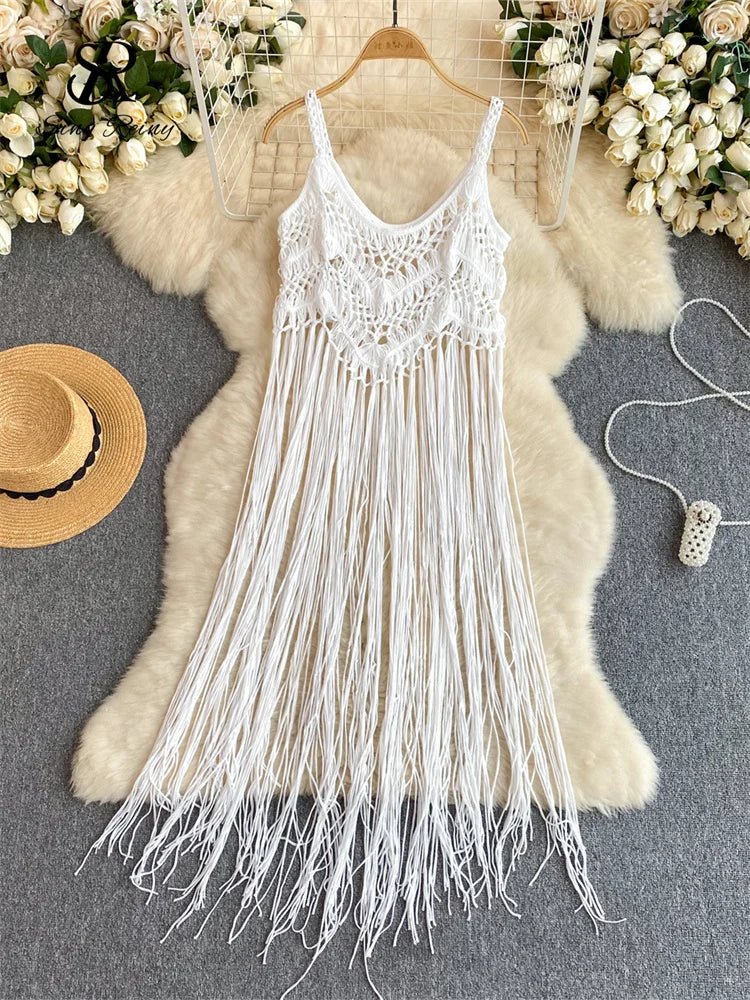 Singreiny – Bohemian Tassel Knit Camisole by The Nevermore – Unique Boho Cover - Ups by Nevermore Lifestyle & Tech | One Size white