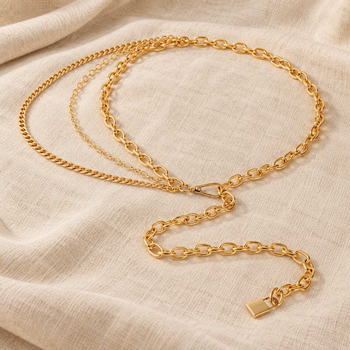 Golden Siren’s Sparkle multilayer chain belt arranged on soft beige linen.