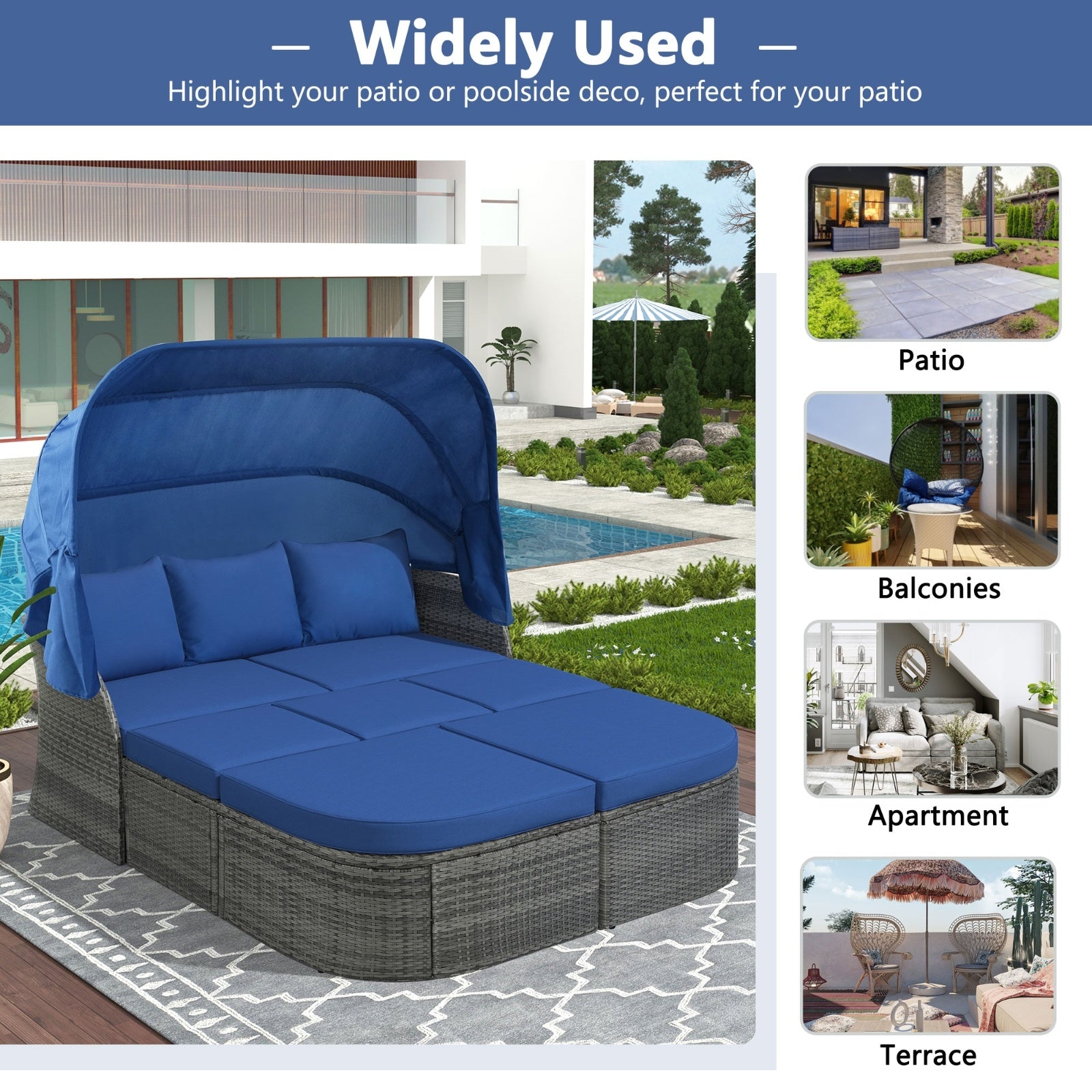 U STYLE Patio Furniture Set Daybed W Retractable Canopy Wicker