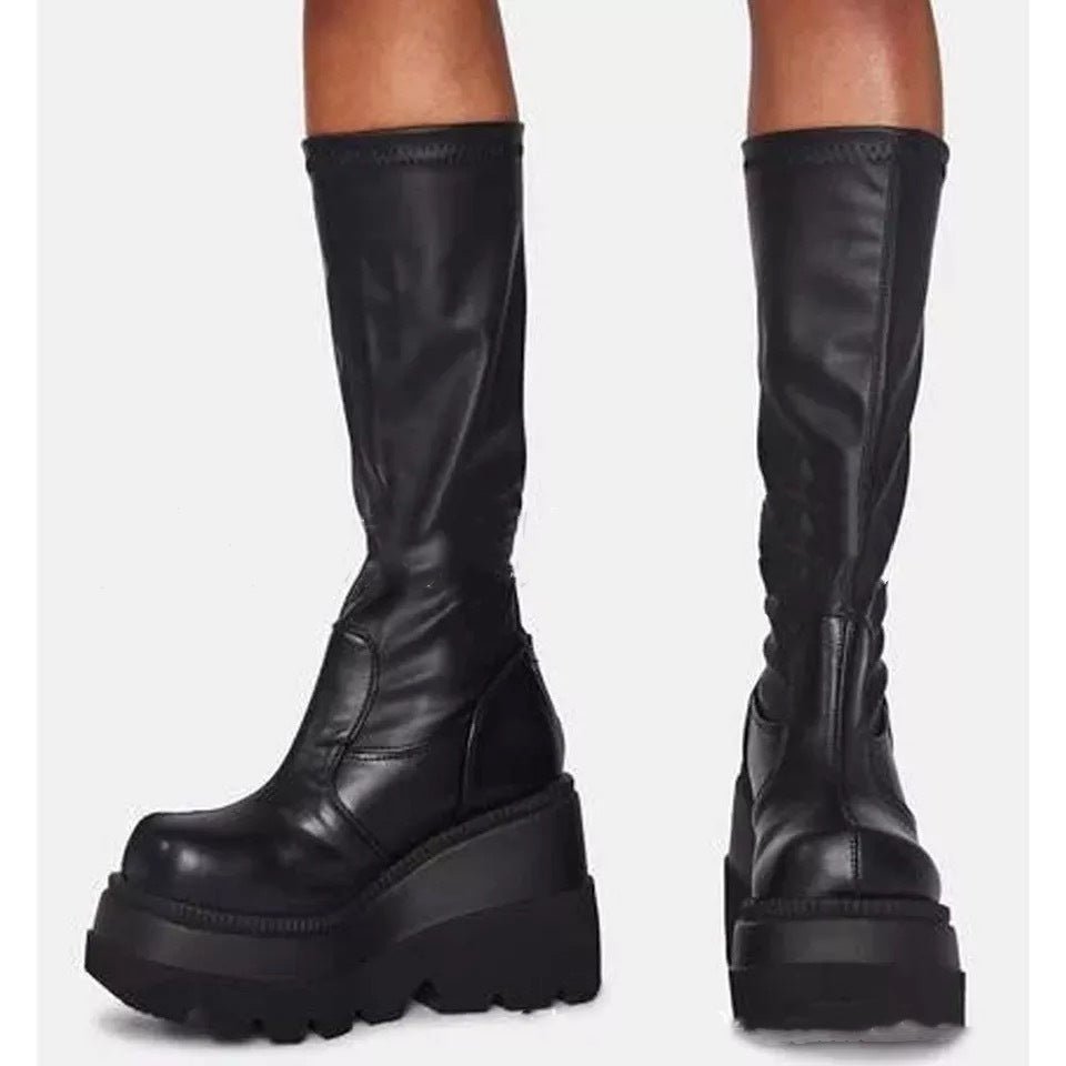 Spiritwalker - Gothic Platform Knight Boots by The Nevermore – Unique Gothic Fashion for Women by Nevermore Lifestyle & Tech | 35 Black glossy