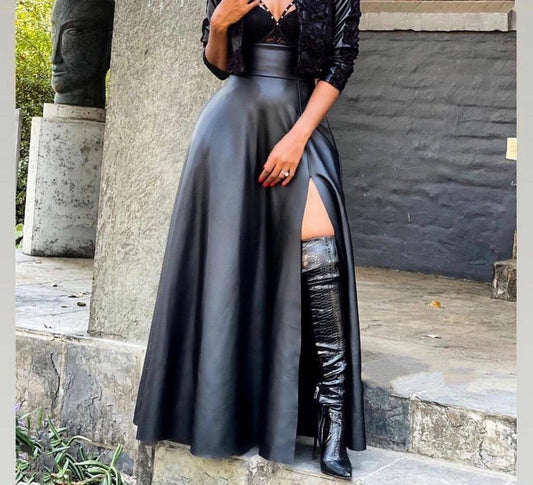 Split Elegance - The Nevermore Women's Leather Skirt