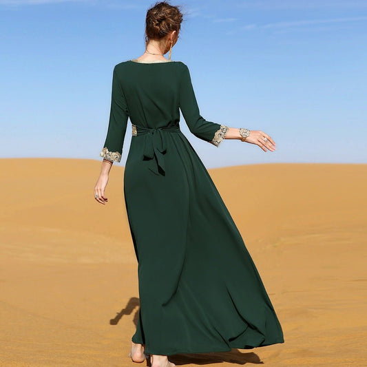 Stellar Bloom - Embroidered Lace Long Dress by The Nevermore – Unique Dresses by Nevermore Lifestyle & Tech | 2XL Dark green