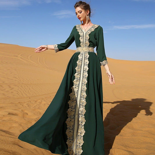 Stellar Bloom - Embroidered Lace Long Dress by The Nevermore – Unique Dresses by Nevermore Lifestyle & Tech | 2XL Dark green