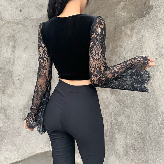 Tamsin Fog - The Nevermore Gothic Tank See - through Long - sleeved Top Lace – Unique Gothic Fashion for Women by Nevermore Lifestyle & Tech | L Black
