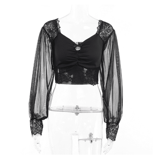 Tamsin Fog - The Nevermore Gothic Tank See - through Long - sleeved Top Lace – Unique Gothic Fashion for Women by Nevermore Lifestyle & Tech | L Black