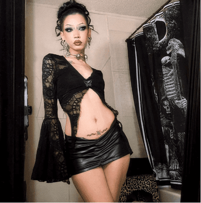 Tamsin Fog - The Nevermore Gothic Tank See - through Long - sleeved Top Lace – Unique Gothic Fashion for Women by Nevermore Lifestyle & Tech | L Black