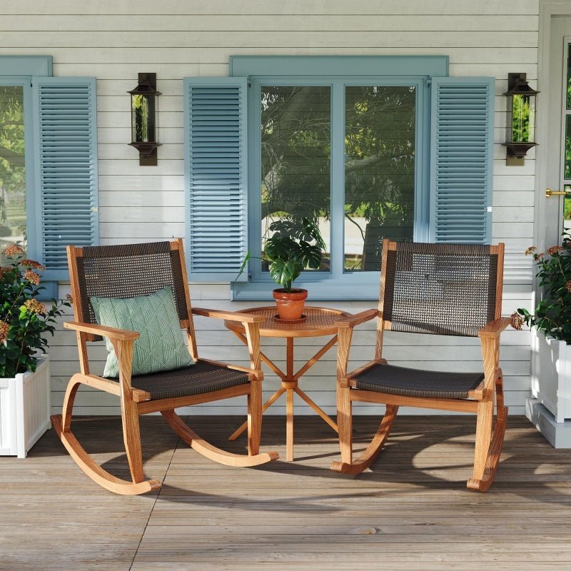 2-piece Terrace Rocking Chair Set, Acacia Wood Outdoor Rocking Chair, Equipped With Wicker Vine Seat And Backrest, Comfortable Garden Porch Chair, Dark Brown, Prohibited Platform Temu
