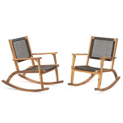 2-piece Terrace Rocking Chair Set, Acacia Wood Outdoor Rocking Chair, Equipped With Wicker Vine Seat And Backrest, Comfortable Garden Porch Chair, Dark Brown, Prohibited Platform Temu