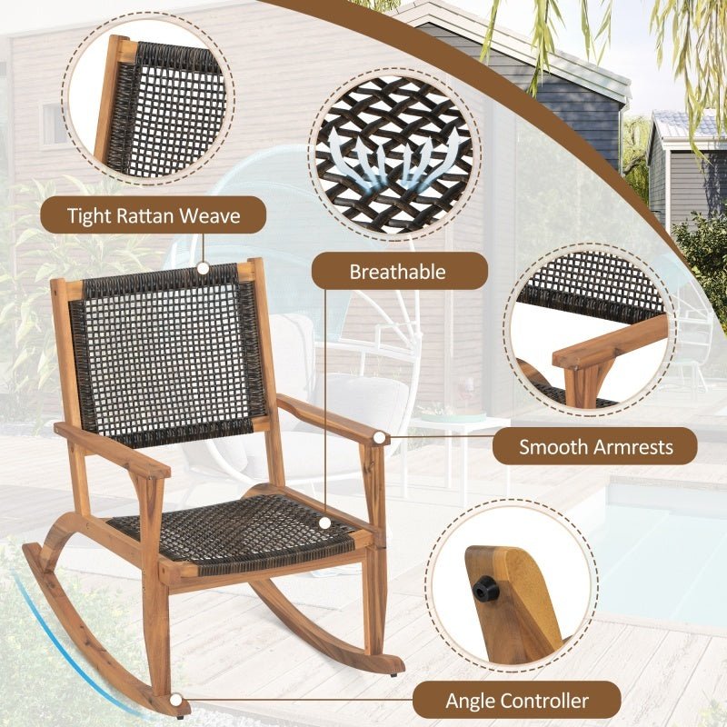 2-piece Terrace Rocking Chair Set, Acacia Wood Outdoor Rocking Chair, Equipped With Wicker Vine Seat And Backrest, Comfortable Garden Porch Chair, Dark Brown, Prohibited Platform Temu