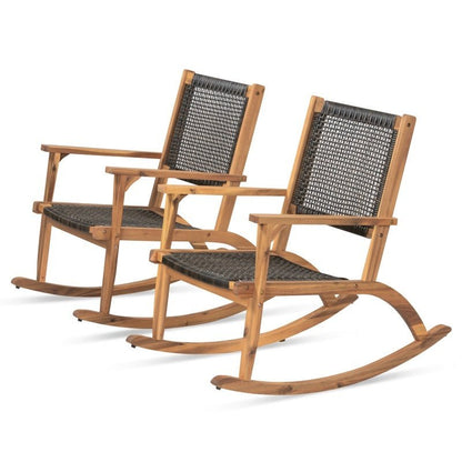 2-piece Terrace Rocking Chair Set, Acacia Wood Outdoor Rocking Chair, Equipped With Wicker Vine Seat And Backrest, Comfortable Garden Porch Chair, Dark Brown, Prohibited Platform Temu
