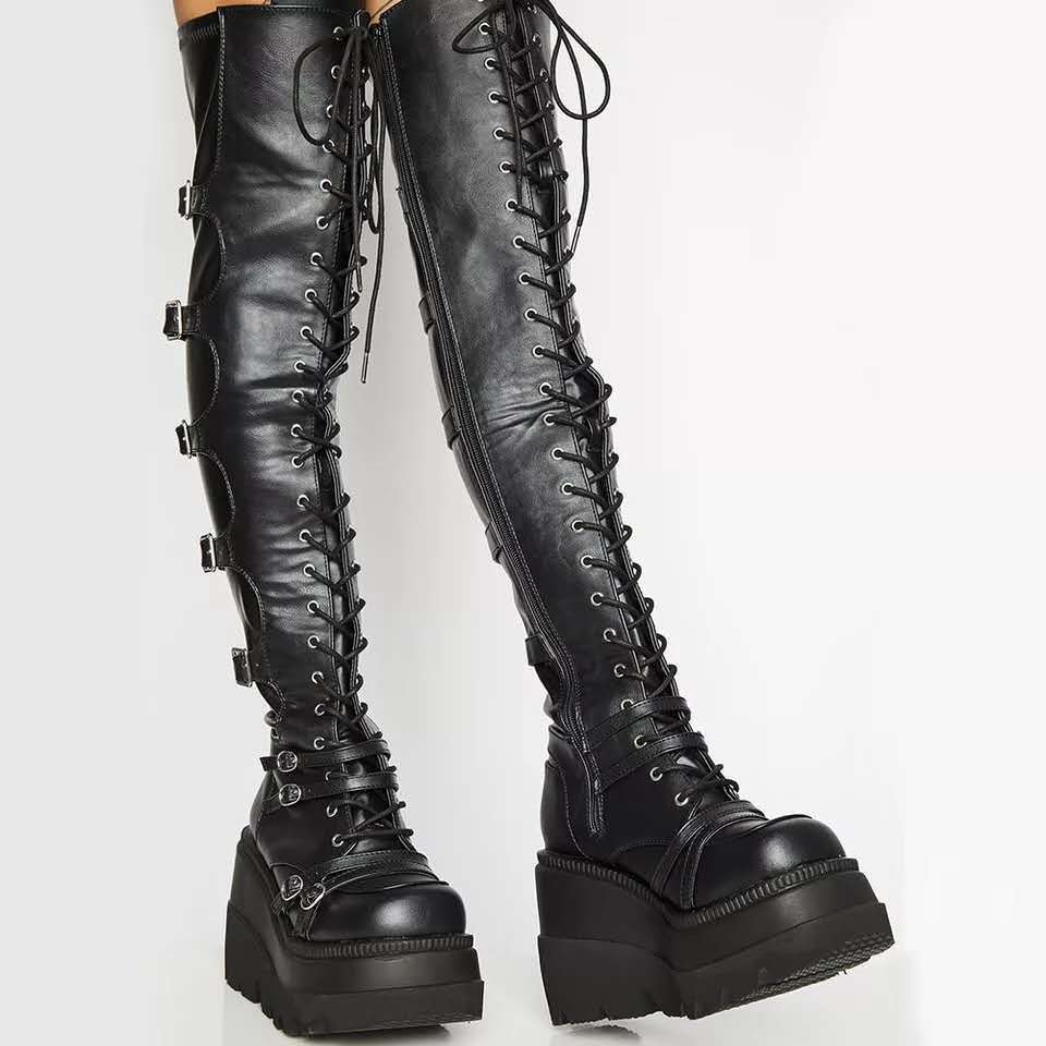 The Cult Gothic Over - the - Knee Lace - Up Boots by The Nevermore – Unique Gothic Fashion for Women by Nevermore Lifestyle & Tech | 35 Black