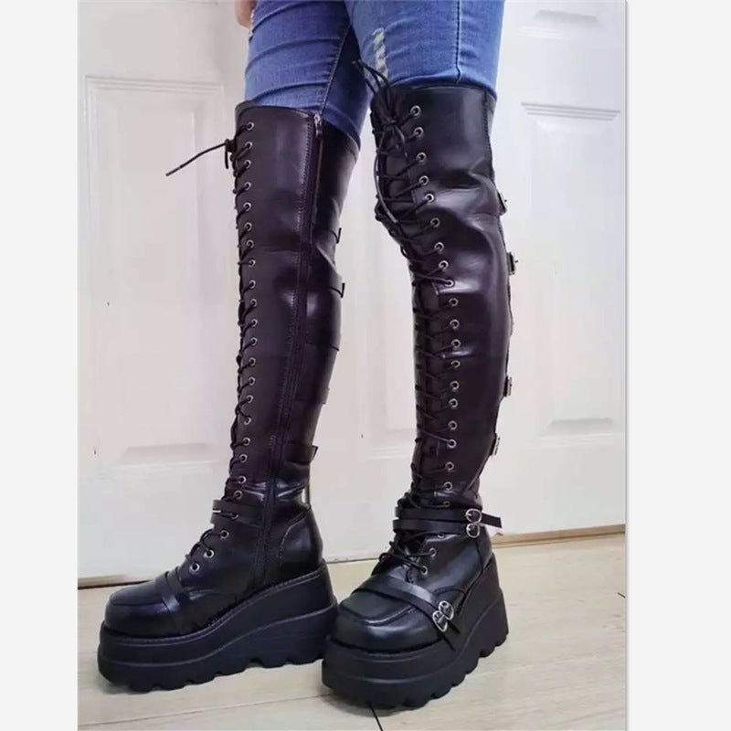 The Cult Gothic Over - the - Knee Lace - Up Boots by The Nevermore – Unique Gothic Fashion for Women by Nevermore Lifestyle & Tech | 35 Black